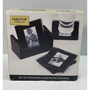 Tabletop Memories Boxed Set of Four (4) Glass Photo Coasters with Wood Stand New